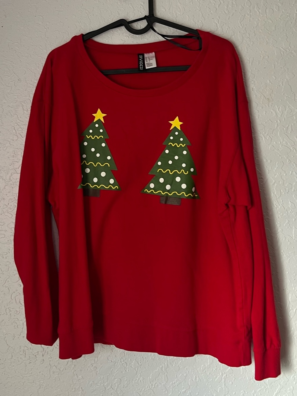 H&M Red Long Sleeve Tee with Green Christmas Tree Prints